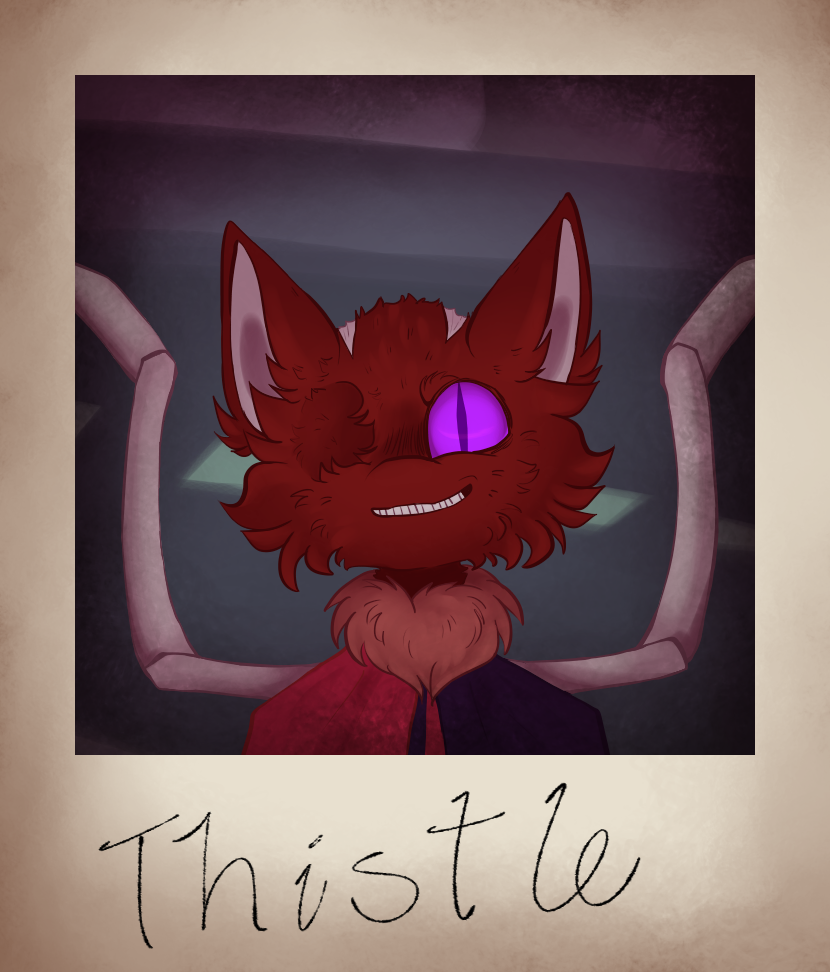 A digital drawing of a cat-like anthro creature with one eye and two small scars between their ears. They have a furred ruff around their neck and two spider-like appendages coming from their back. The drawing is labeled Thistle